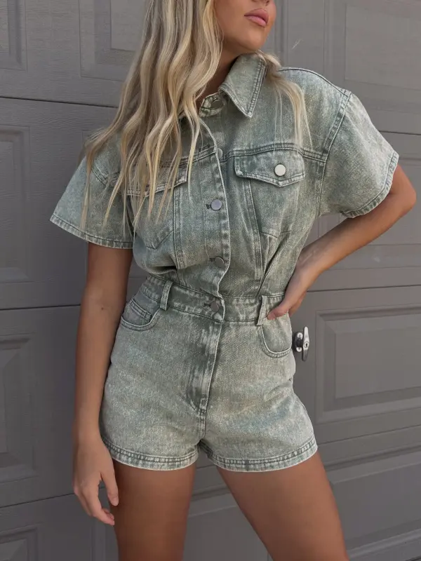 Shay Denim Romper In Light Green